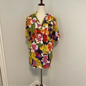 BE Floral Tropical Blue Purple Pink Green Short Sleeve Button Front Blouse SZ L